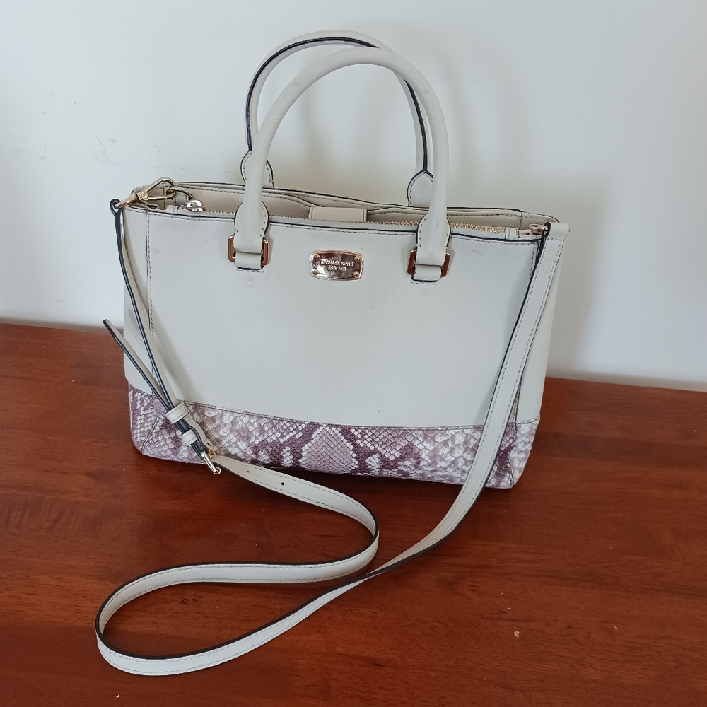 Michael Kors Cream Kellen Satchel with Embossed Snakeskin Trim